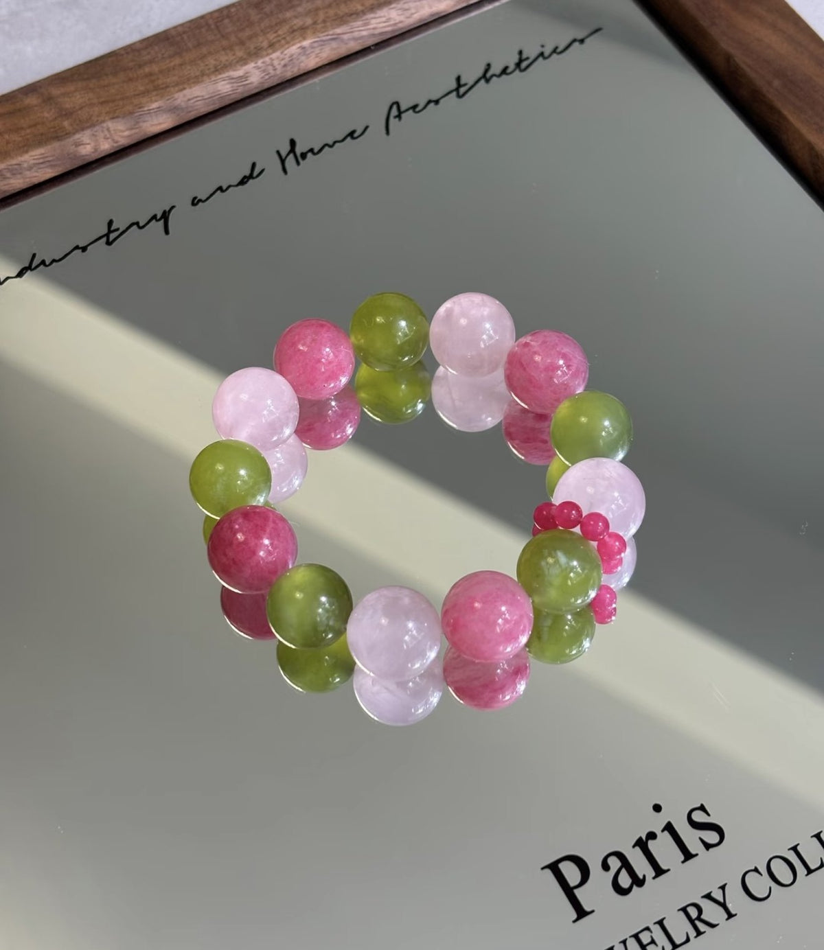 Crystal colour and bead design reference for Rose Garden custom pet necklace; photo shows a bracelet, not a finished pet necklace